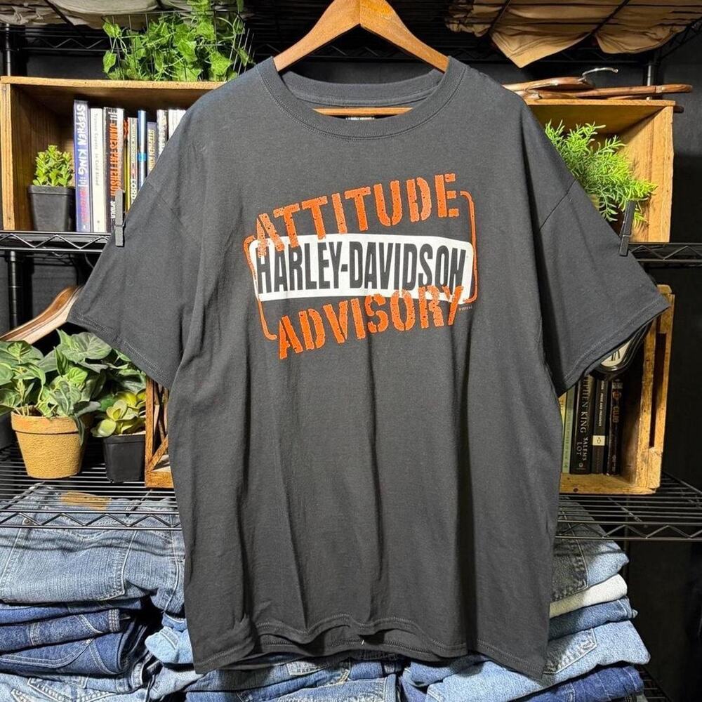 Harley Davidson "Attitude Advisory" Biker Tee Black Orange Motorcycle Shirt XL